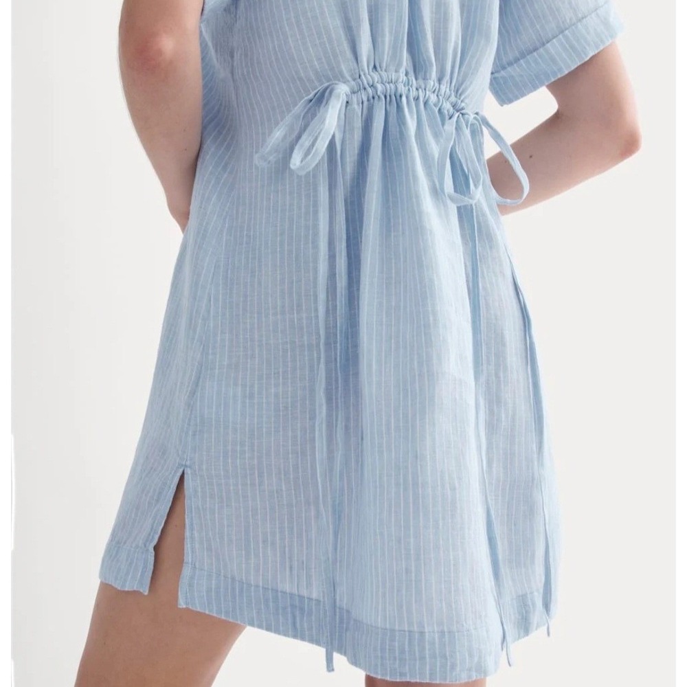 Everlane Linen Flax Dress Sz‎ XS Blue Striped Henley Back Tie Mini Summer Shift